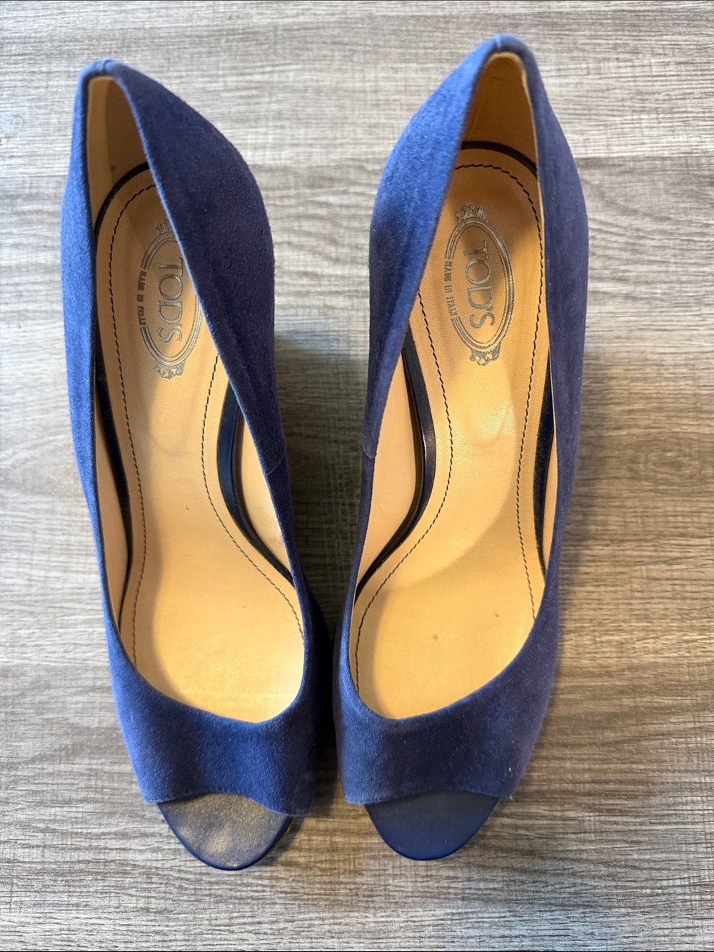 TOD'S Navy Blue Suede Peep-Toe Pumps